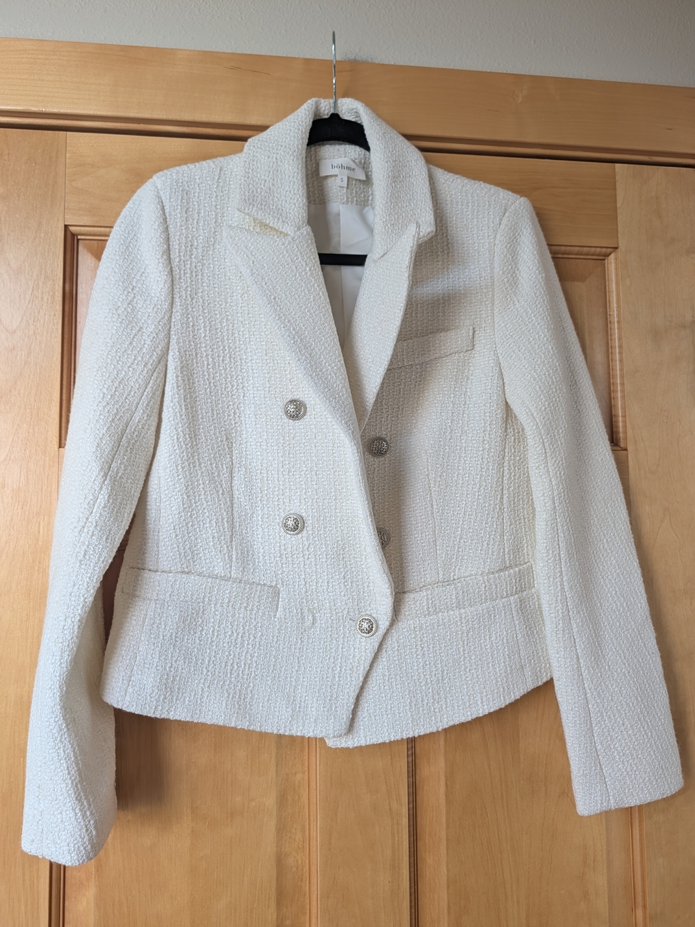 bohme Cream Textured Tweed Double-Breasted Blazer Jacket